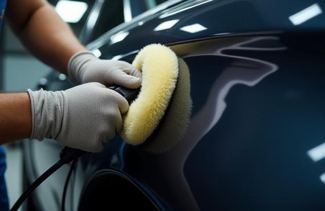 Close-up of a car care professional polishing a vehicle's paintwork